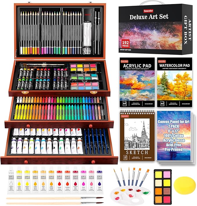 Soucolor Art Supplies, 192-Pack Deluxe Art Set Drawing Painting Supplies Kit with Acrylic Pad, Watercolor Pad, Sketch Book, Canvases, Acrylic Paint, Crayons, Pencils, Gifts for Artist Adults Teen Kids - Image 7