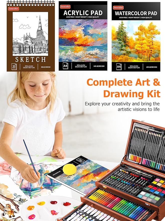 Soucolor Art Supplies, 192-Pack Deluxe Art Set Drawing Painting Supplies Kit with Acrylic Pad, Watercolor Pad, Sketch Book, Canvases, Acrylic Paint, Crayons, Pencils, Gifts for Artist Adults Teen Kids - Image 5