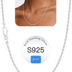 Italian 1.5mm 2mm Rope Chain Real 925 Sterling Silver Chain Necklace for Women, Smooth Sturdy Hypoallergenic Women's Chains Necklace, 16 18 20 22 24 26 Inch
